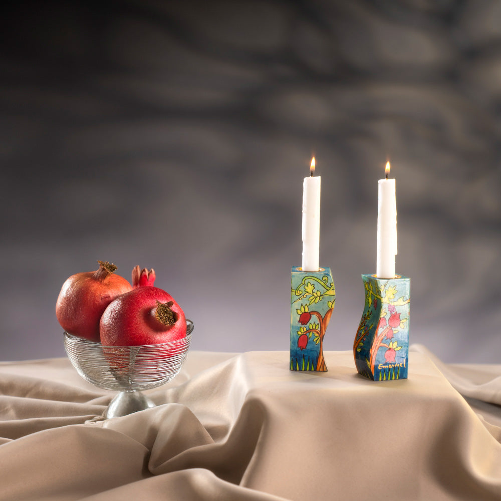 Hand-Painted Wood Shabbat Candle Holders – Seven Species