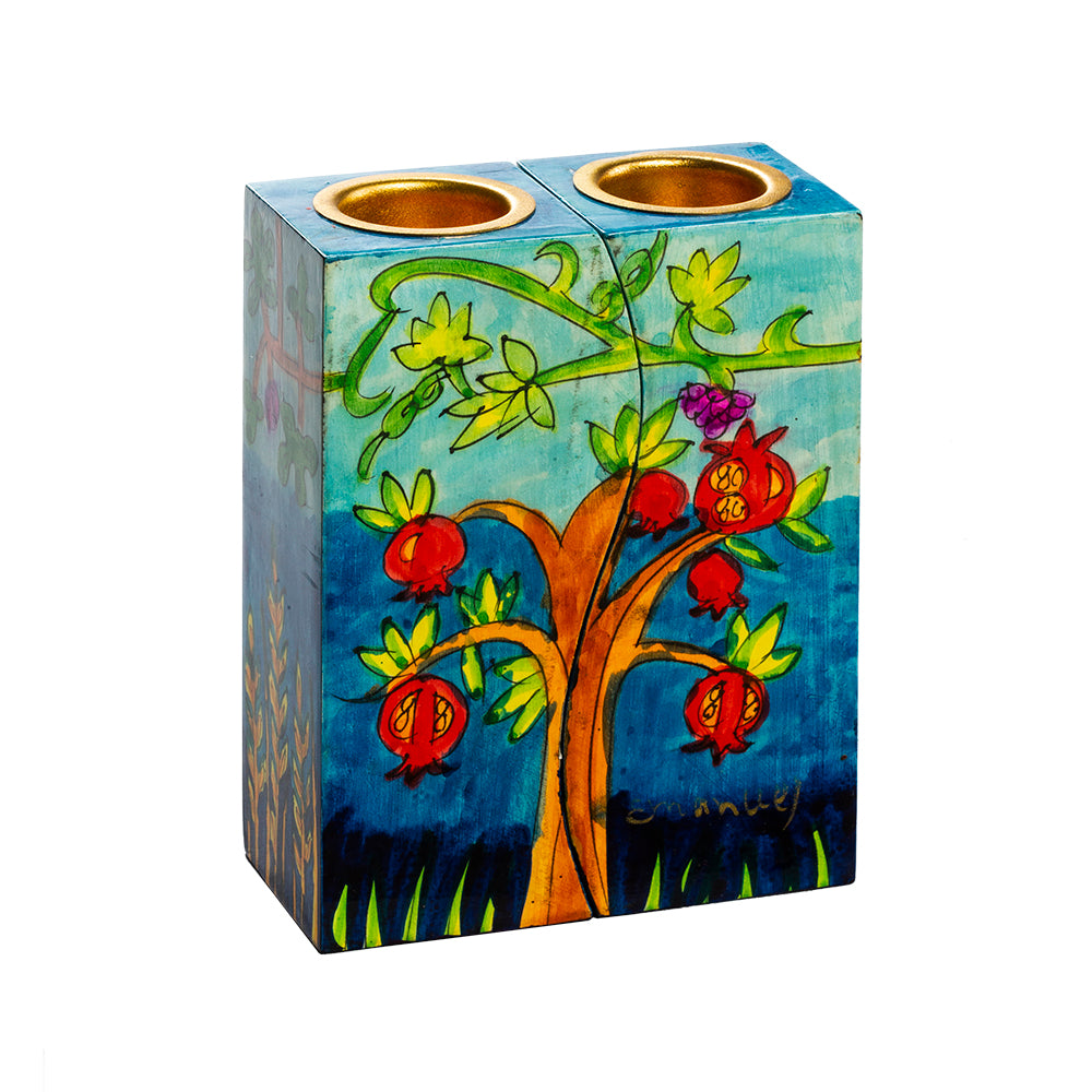 Hand-Painted Wood Shabbat Candle Holders – Seven Species