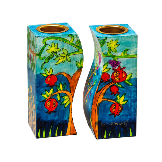 Hand-Painted Wood Shabbat Candle Holders – Seven Species