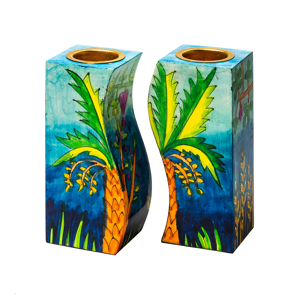 Hand-Painted Wood Shabbat Candle Holders – Seven Species