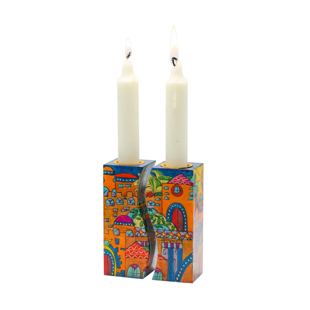 Hand-Painted Wood Shabbat Candle Holders – Old City of Jerusalem