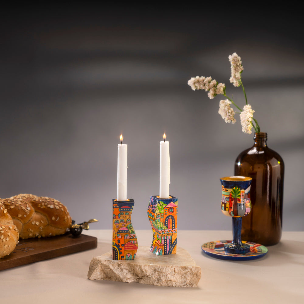 Hand-Painted Wood Shabbat Candle Holders – Old City of Jerusalem