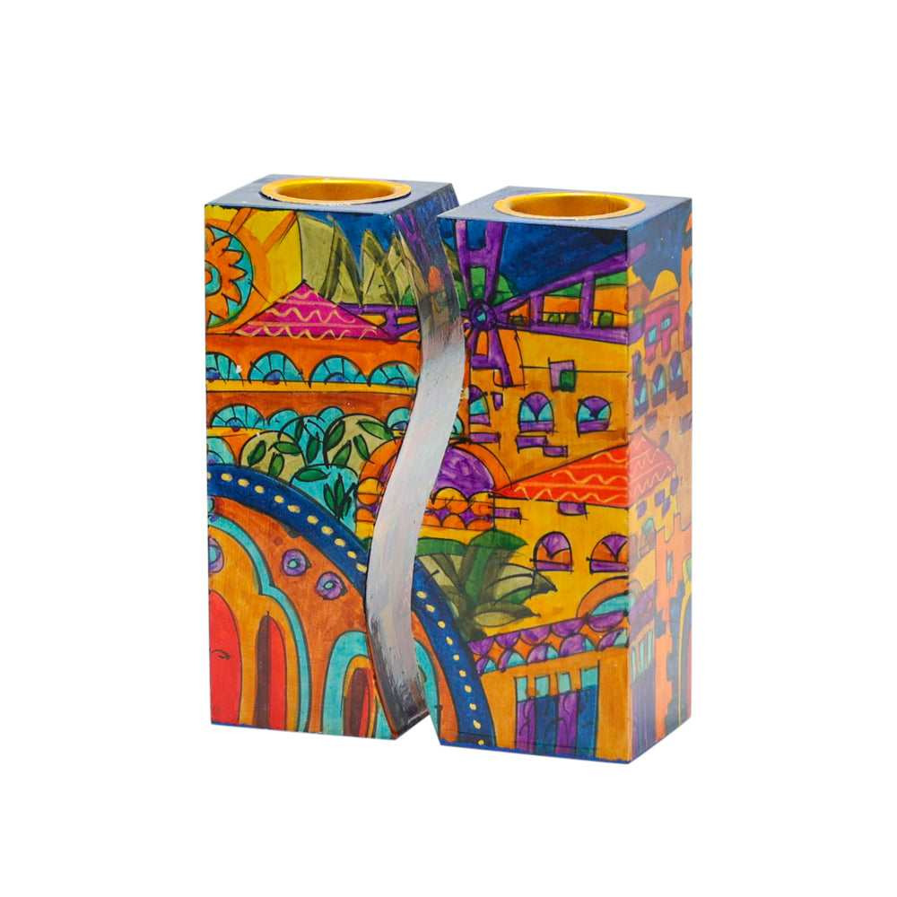 Hand-Painted Wood Shabbat Candle Holders – Old City of Jerusalem