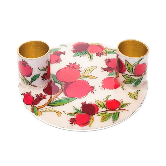 Flat Plate Shabbat Candle Holders – Hand-Painted Pomegranates