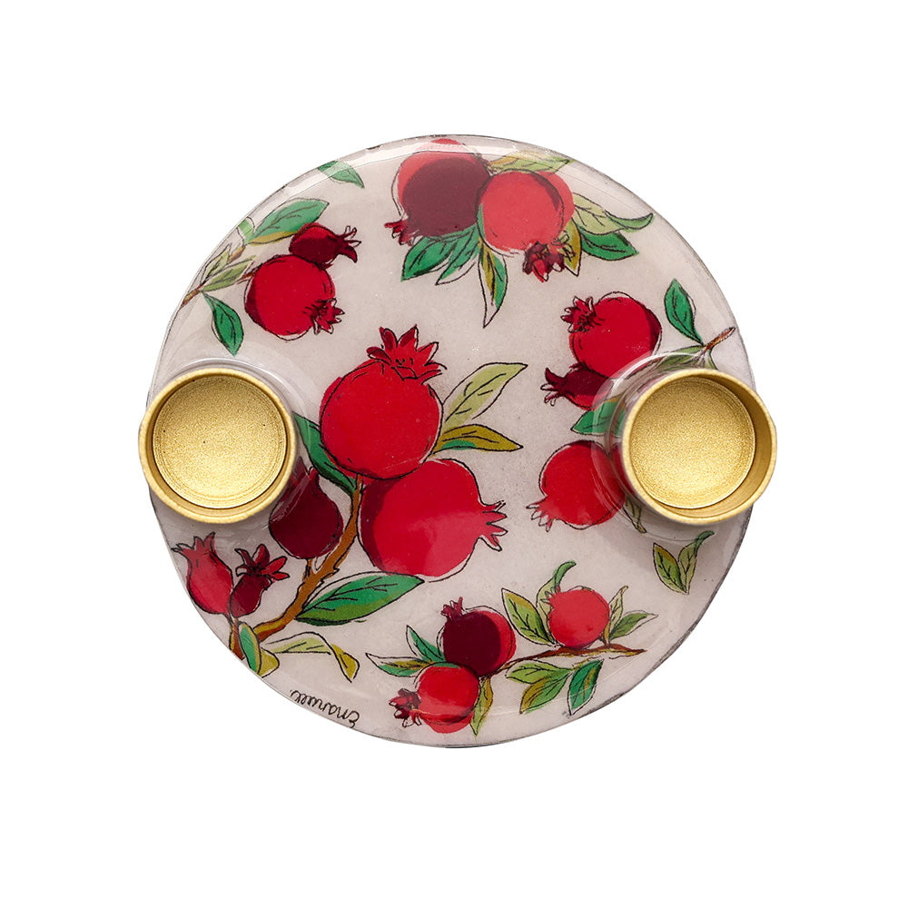 Flat Plate Shabbat Candle Holders – Hand-Painted Pomegranates