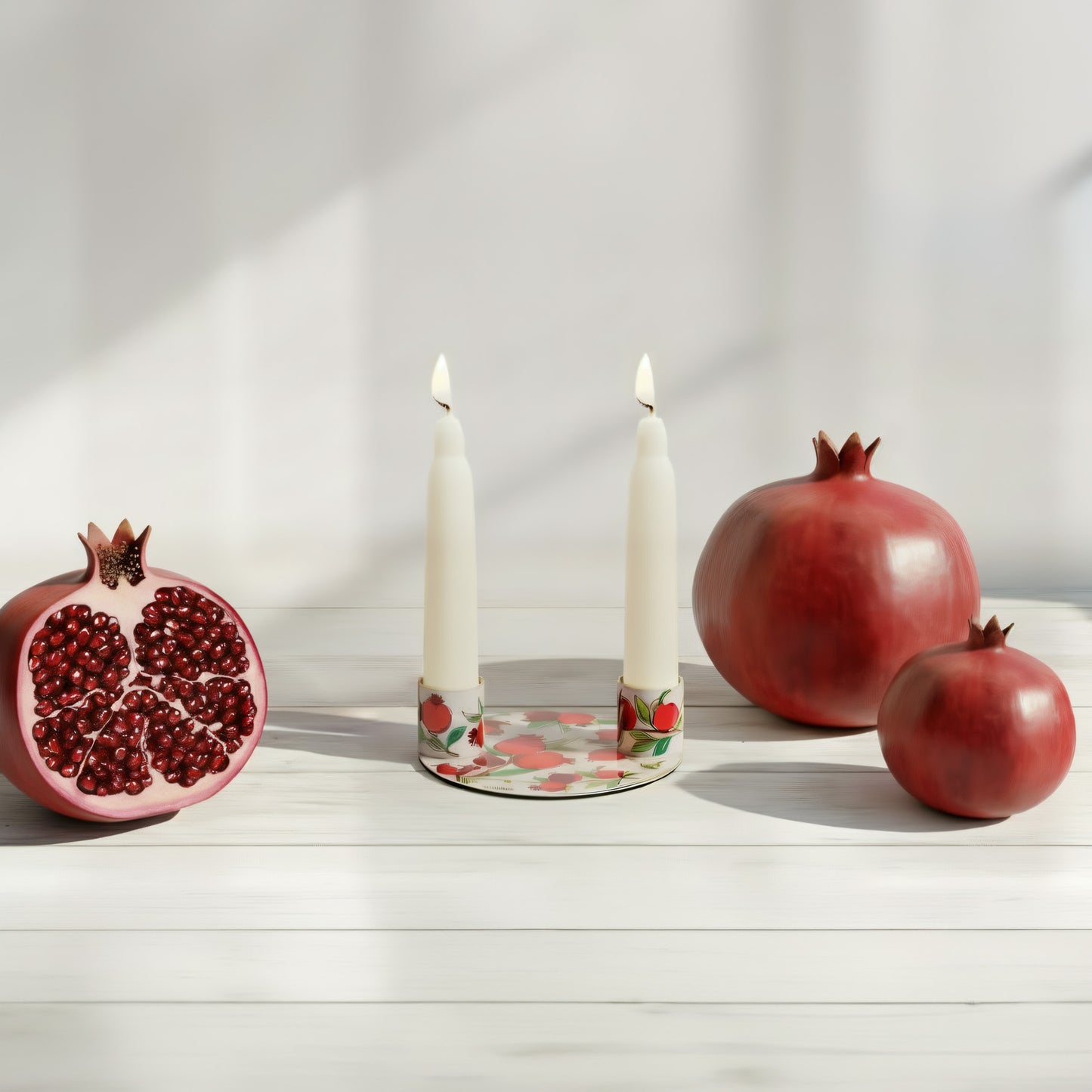 Flat Plate Shabbat Candle Holders – Hand-Painted Pomegranates
