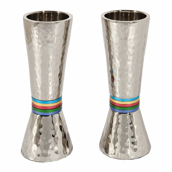 Hammered Nickel Tapered Candlesticks - Colorful Rings