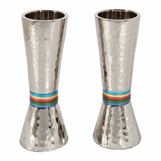 Hammered Nickel Tapered Candlesticks - Colorful Rings