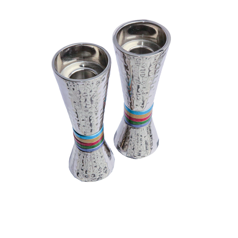 Hammered Nickel Shabbat Candle Holders - Colorful Aluminum Rings