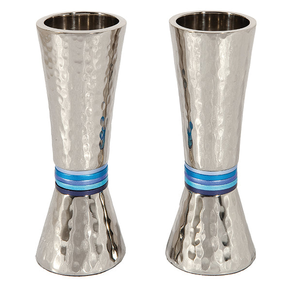 Hammered Nickel Tapered Candlesticks - Blue Rings