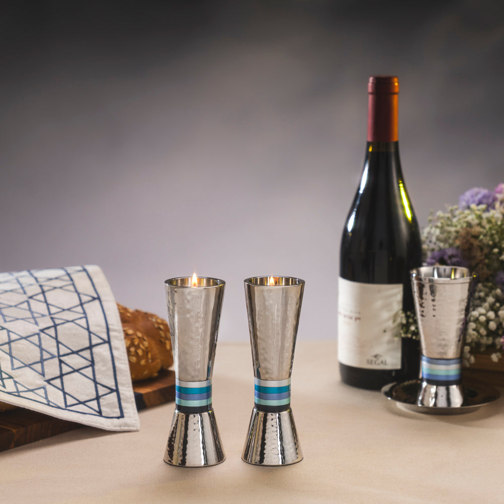 Hammered Nickel Tapered Candlesticks - Blue Rings