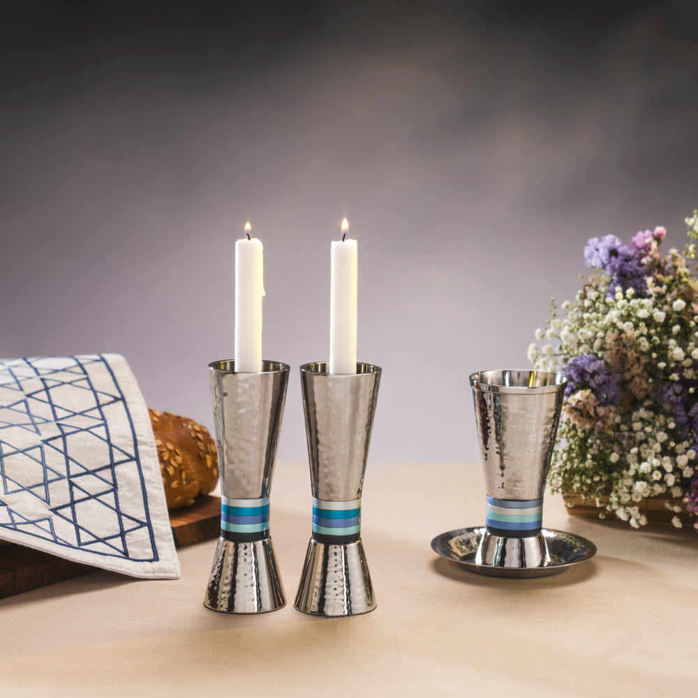 Hammered Nickel Tapered Candlesticks - Blue Rings