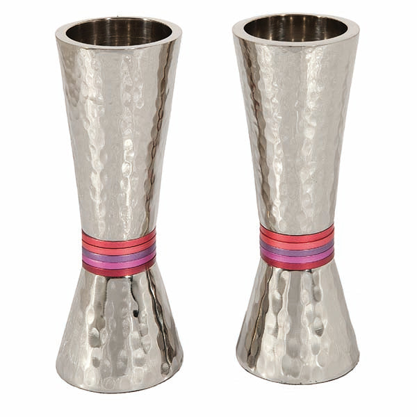 Hammered Nickel Tapered Candlesticks - Maroon Rings