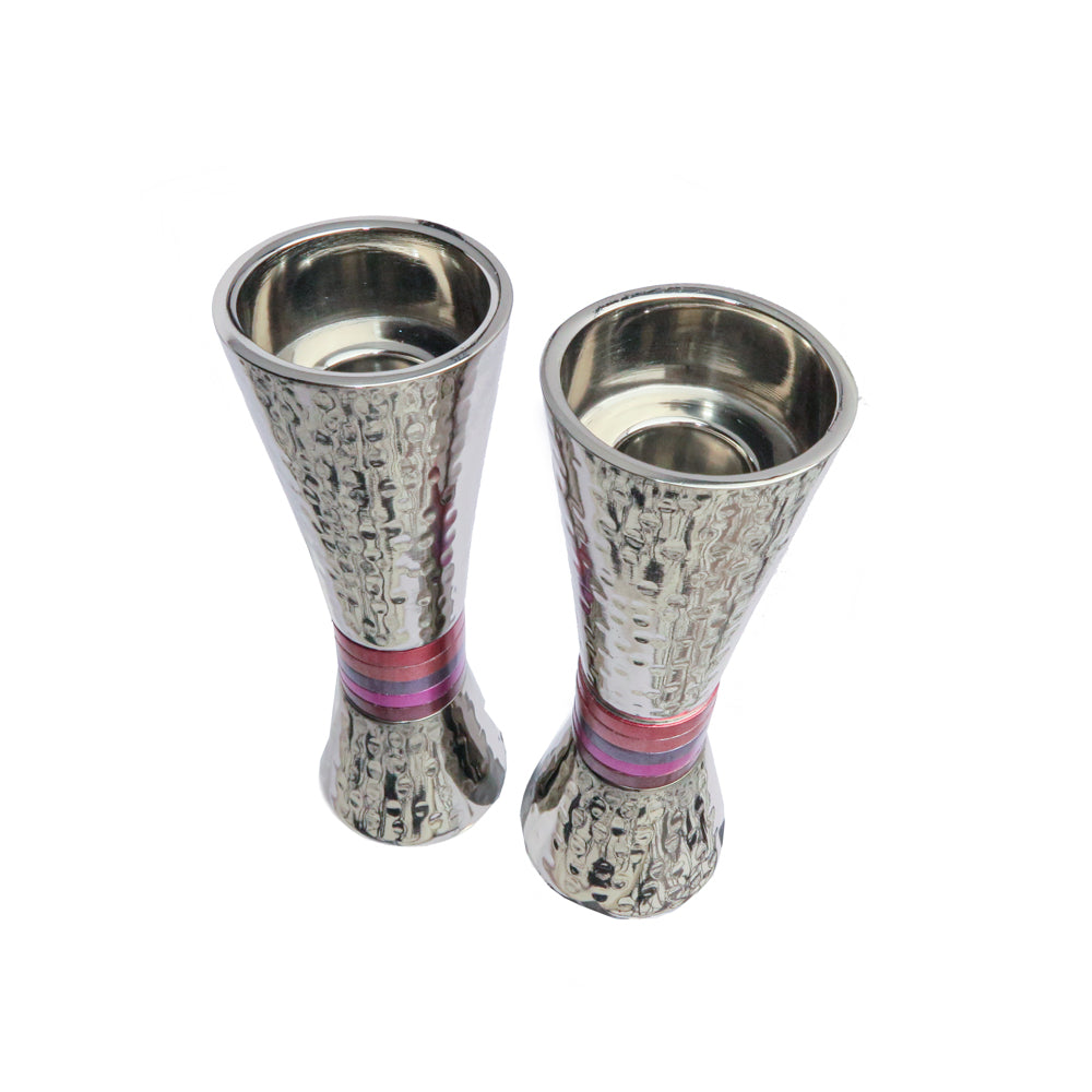 Hammered Nickel Shabbat Candle Holders - Colorful Aluminum Rings