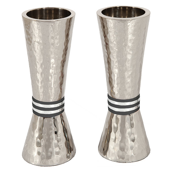 Hammered Nickel Tapered Candlesticks - Black Rings