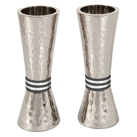 Hammered Nickel Tapered Candlesticks - Black Rings
