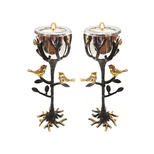 Tree of Life Shabbat Tea-Light Candle Holders – Gold Accent Birds