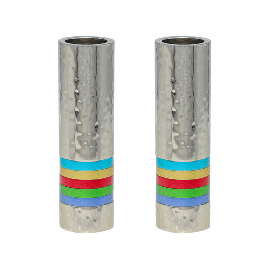 Hammered Nickel Cylinder Shabbat Candlesticks – Colorful Accents