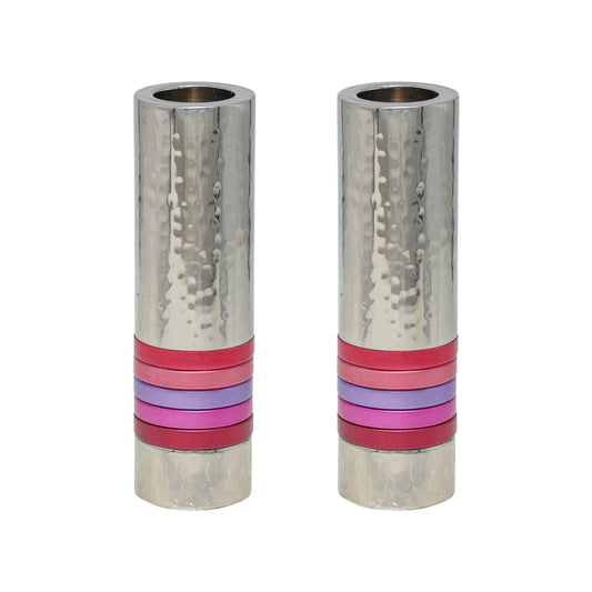 Hammered Nickel Cylinder Shabbat Candlesticks - Maroon Accents