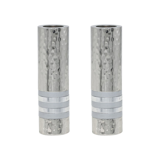 Hammered Nickel Cylinder Shabbat Candlesticks - Silver Rings