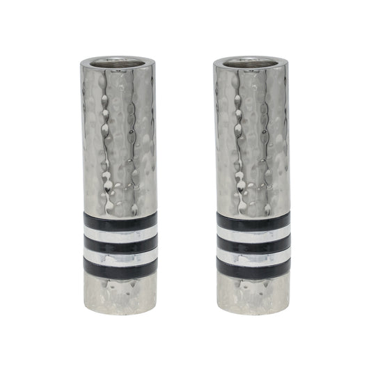 Hammered Nickel Cylinder Shabbat Candlesticks - Black Rings