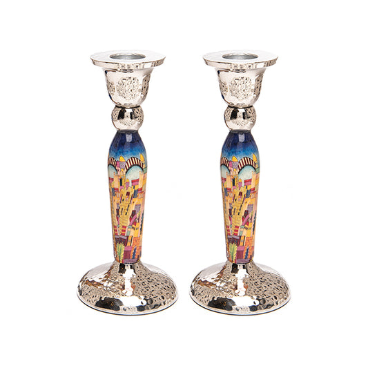 Modern Pillar Shabbat Candle Holders – Intricate Colorful Design 6.5-Inch