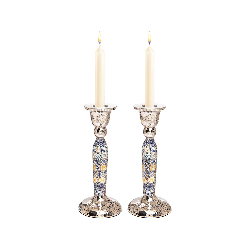 Tile Pattern Pillar Shabbat Candlesticks - 6.5"
