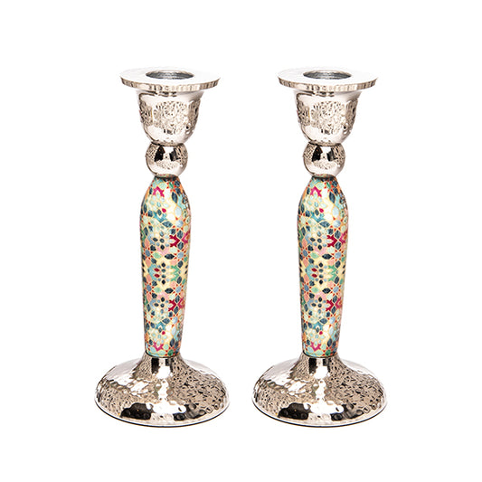 Modern Pillar Shabbat Candle Holders – Intricate Colorful Design 6.5-Inch