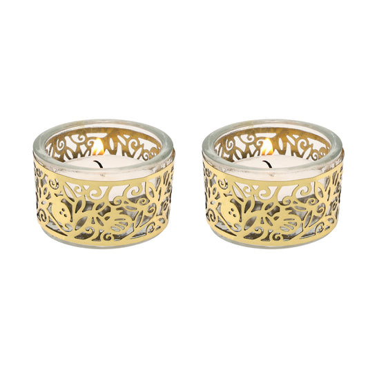 Tea Light Shabbat Candle Holders - Pomegranates, Gold