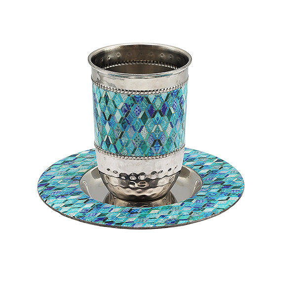 Stainless Steel Kiddush Cup Set – Colorful Enamel Decoration - Mosaic Blue