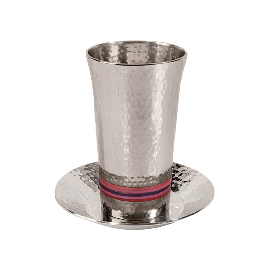 Hammered Metal Kiddush Cup and Plate, Maroon Rings