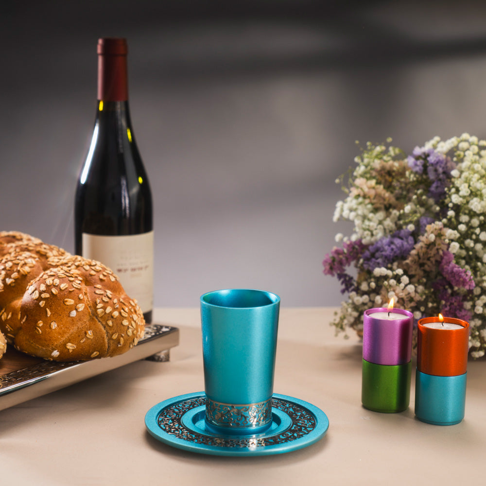 Anodized Aluminum Kiddush Cup and Plate Set – Pomegranate Trim