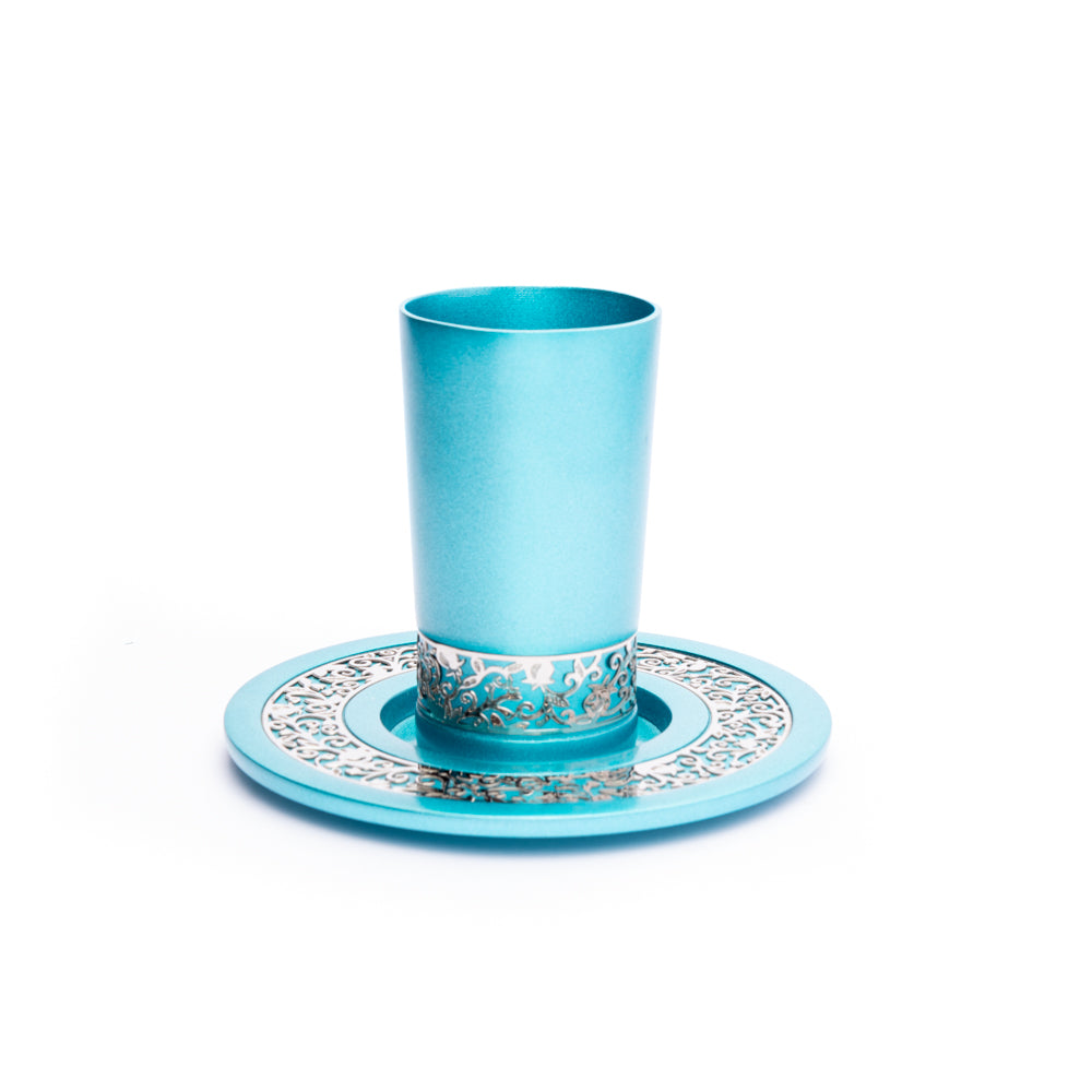 Anodized Aluminum Kiddush Cup and Plate Set – Pomegranate Trim - Turquoise
