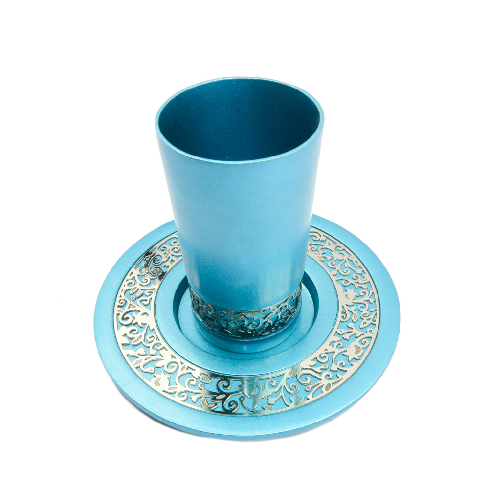 Anodized Aluminum Kiddush Cup and Plate Set – Pomegranate Trim