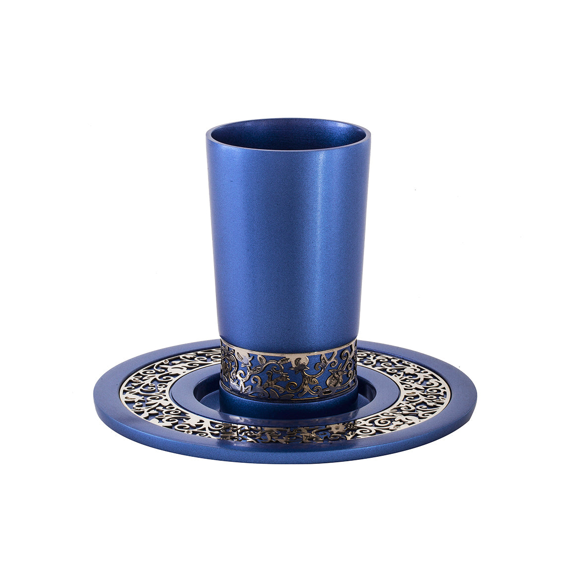 Anodized Aluminum Kiddush Cup and Plate Set – Pomegranate Trim - Blue