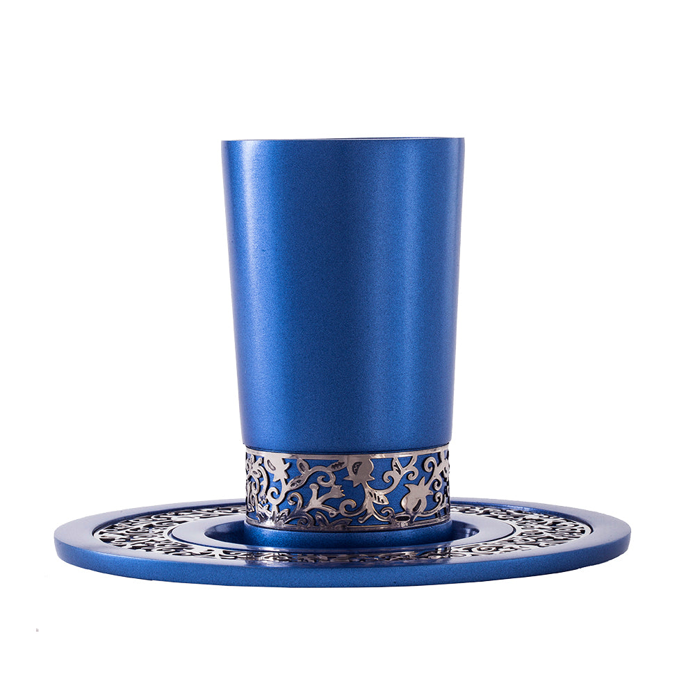 Anodized Aluminum Kiddush Cup and Plate Set – Pomegranate Trim