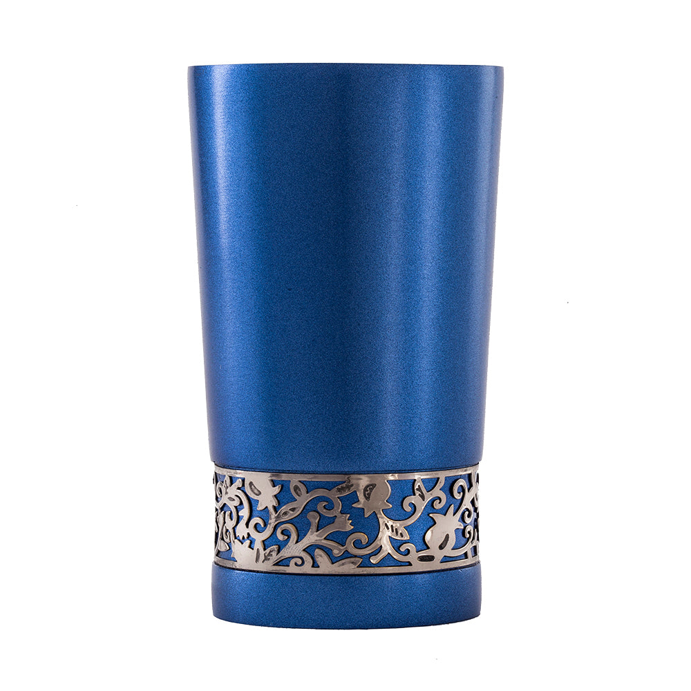 Anodized Aluminum Kiddush Cup and Plate Set - Pomegranate Trim - Blue