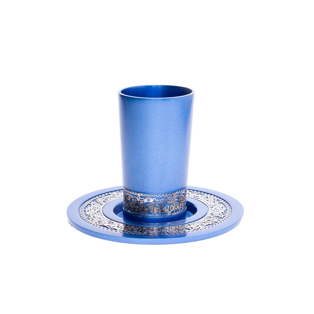 Anodized Aluminum Kiddush Cup and Plate Set – Jerusalem Trim - Blue