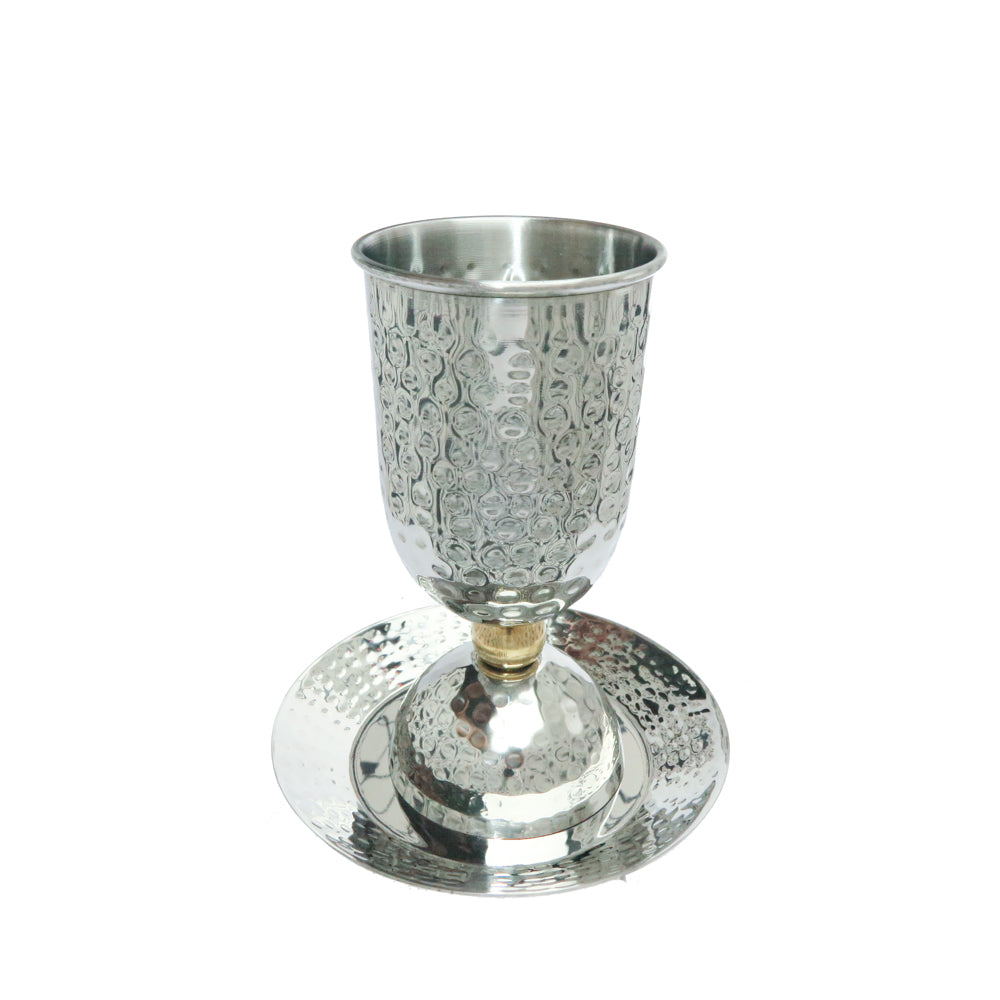 Hammered Kiddush Cup with Brass Stem Accent and Saucer