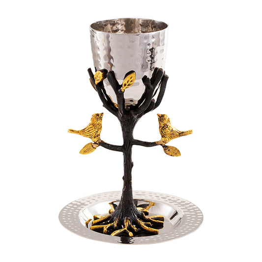 Tree of Life Kiddush Cup – Gold Accent Leaves and Birds with Saucer