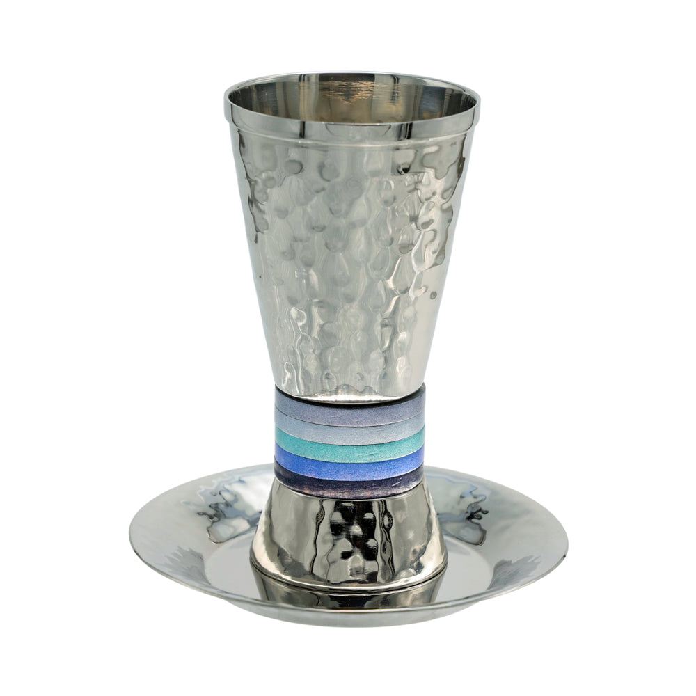 Hammered Stainless Steel Kiddush Cup With Anodized Rings - Shades of Blue