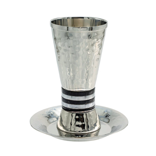 Hammered Stainless Steel Kiddush Cup With Anodized Rings - Black Rings