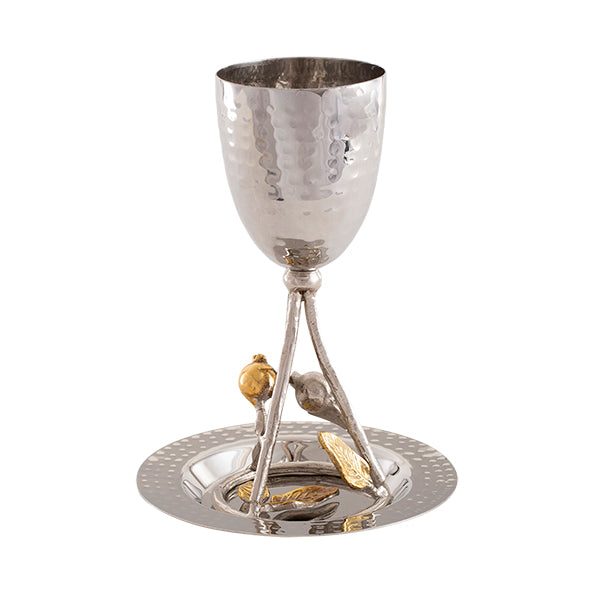 Hammered Kiddush Goblet Cup with Gold Vine and Pomegranate Design