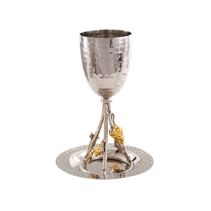 Hammered Kiddush Goblet Cup with Gold Vine and Pomegranate Design