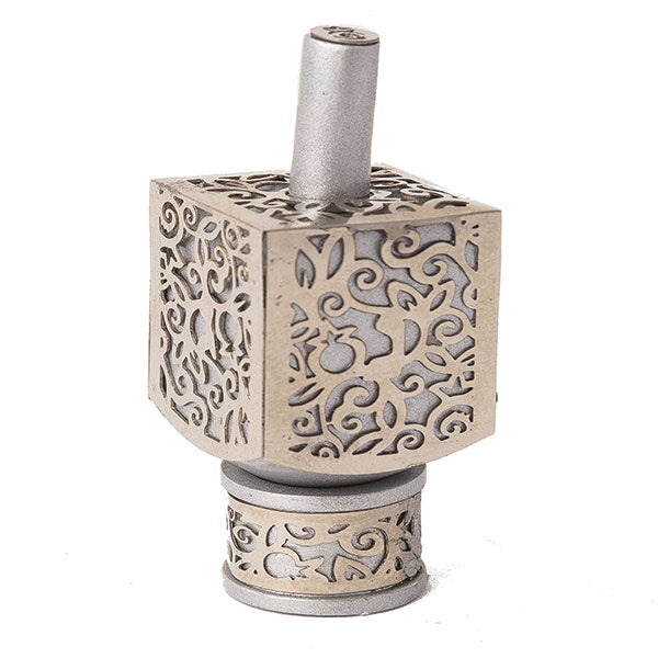 Medium Decorative Dreidel with Stand – Pomegranates - Silver