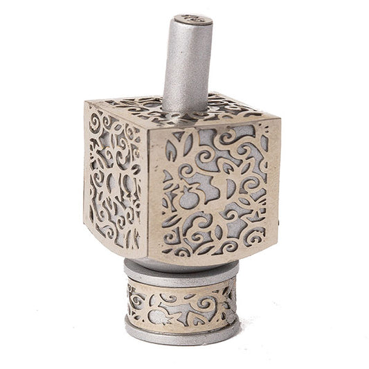 Medium Decorative Dreidel with Stand – Pomegranates - Silver