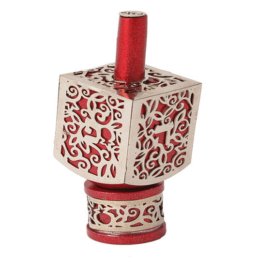 Medium Decorative Dreidel with Stand – Pomegranates - Red