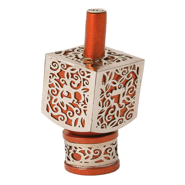 Medium Decorative Dreidel with Stand – Pomegranates - Orange
