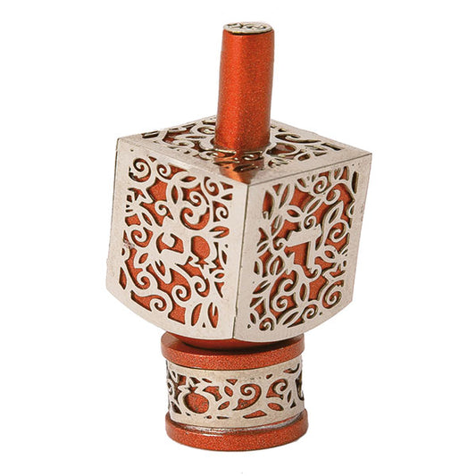 Medium Decorative Dreidel with Stand – Pomegranates - Orange