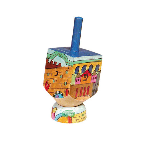 Hand-Painted Wooden Dreidel with Stand – Jerusalem Illustration